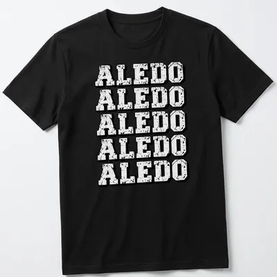 Distressed vintage t-shirt featuring a repeating Aledo text pattern in black and white.