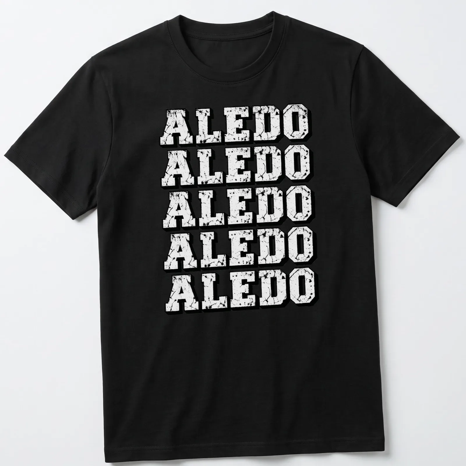 Distressed vintage t-shirt featuring a repeating Aledo text pattern in black and white. — printed on a unisex t-shirt