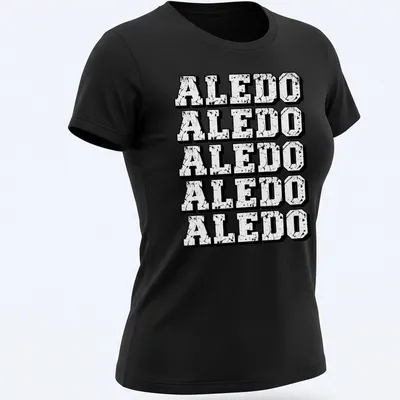 Distressed vintage t-shirt featuring a repeating Aledo text pattern in black and white. — printed on a women's shirt