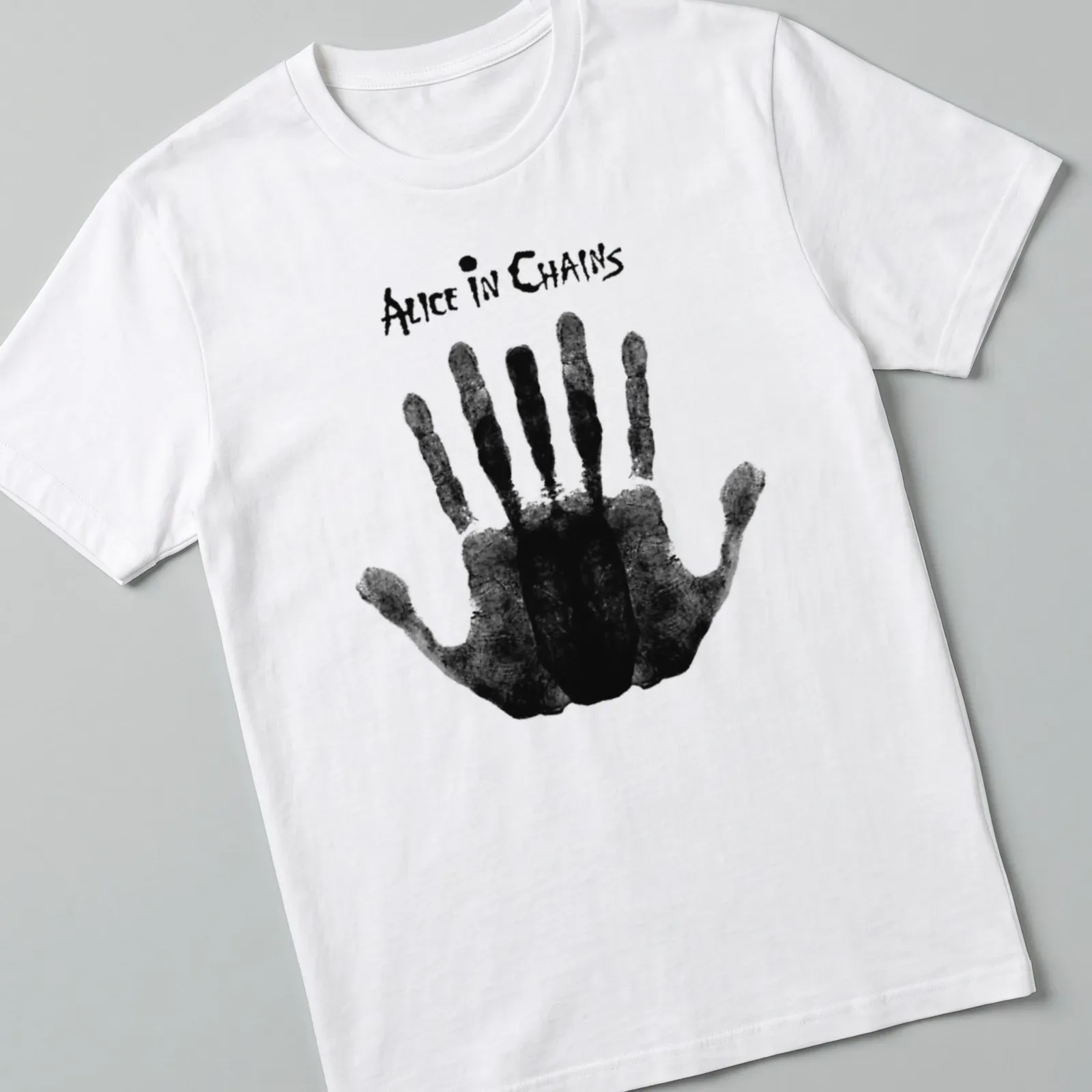 Black and white grunge Alice In Chains graphic handprint — printed on a unisex t-shirt