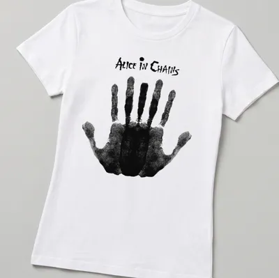Black and white grunge Alice In Chains graphic handprint — printed on a women's shirt