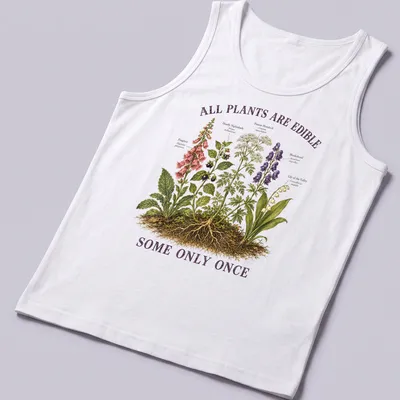Botanical illustration of poisonous plants with the text about edibility — printed on a tank top