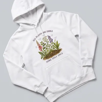 Botanical illustration of poisonous plants with the text about edibility — printed on a unisex hoodie