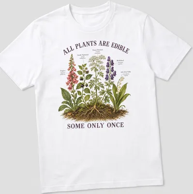 Botanical illustration of poisonous plants with the text about edibility