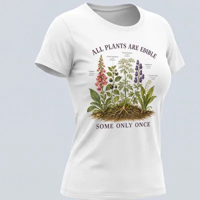 Botanical illustration of poisonous plants with the text about edibility — printed on a women's shirt