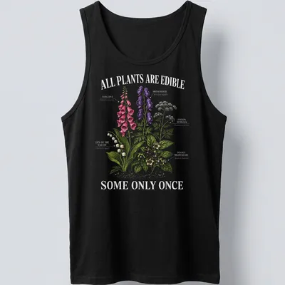 Botanical illustration shirt with various toxic plants and humorous text — printed on a tank top