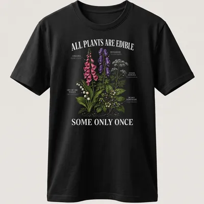 Botanical illustration shirt with various toxic plants and humorous text