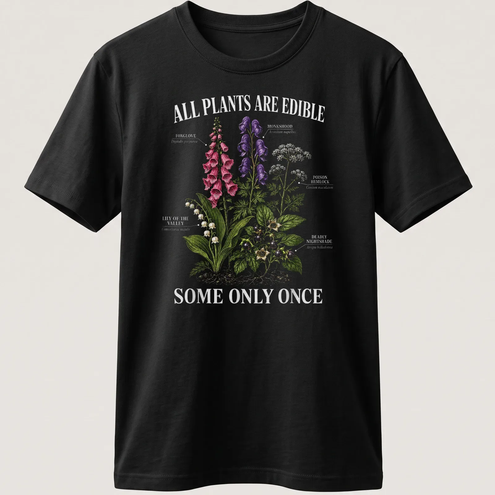 Botanical illustration shirt with various toxic plants and humorous text — printed on a unisex t-shirt