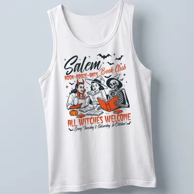Vintage illustration of witches reading books with Halloween theme — printed on a tank top