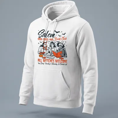 Vintage illustration of witches reading books with Halloween theme — printed on a unisex hoodie