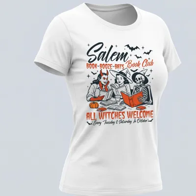Vintage illustration of witches reading books with Halloween theme — printed on a women's shirt