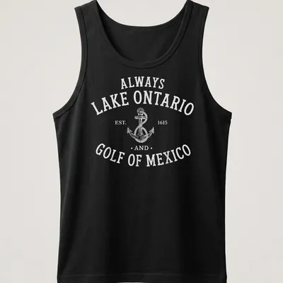 Retro vintage t-shirt featuring an anchor and text about Lake Ontario and Golf of Mexico — printed on a tank top
