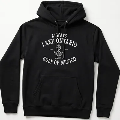 Retro vintage t-shirt featuring an anchor and text about Lake Ontario and Golf of Mexico — printed on a unisex hoodie