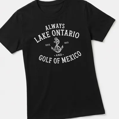 Retro vintage t-shirt featuring an anchor and text about Lake Ontario and Golf of Mexico — printed on a women's shirt