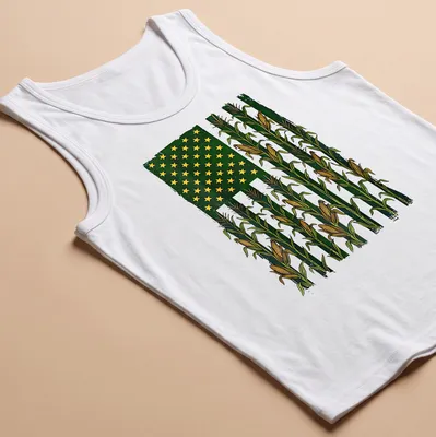 Vintage distressed t-shirt with American Flag over a corn field graphic — printed on a tank top