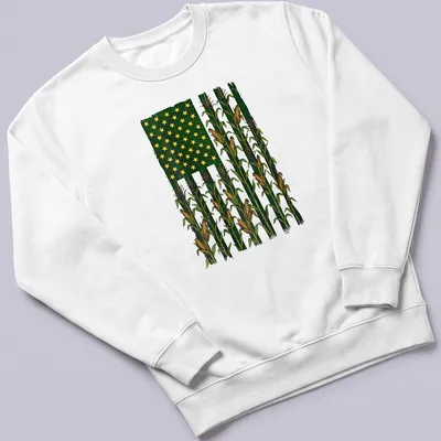 Vintage distressed t-shirt with American Flag over a corn field graphic — printed on a unisex sweatshirt