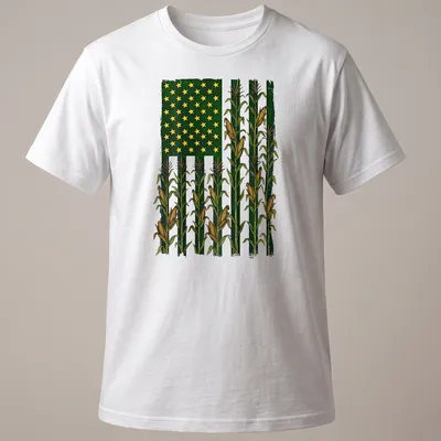 Vintage distressed t-shirt with American Flag over a corn field graphic