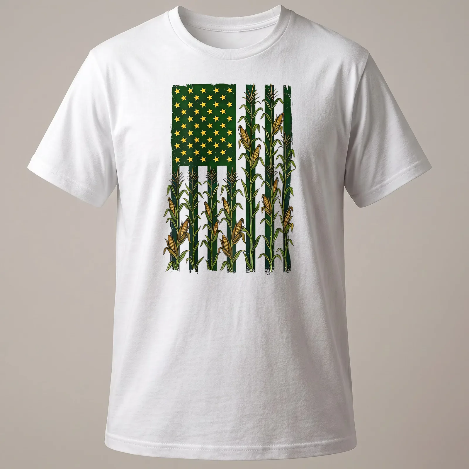 Vintage distressed t-shirt with American Flag over a corn field graphic — printed on a unisex t-shirt