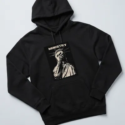 Monotone graphic of the Statue of Liberty with the text 'MINISTRY AMERIKKKANT' — printed on a unisex hoodie