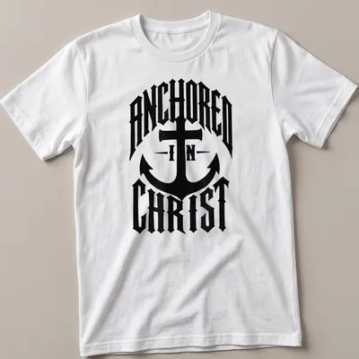 Bold typography Anchor design with 'ANCHORED IN CHRIST' text on black shirt