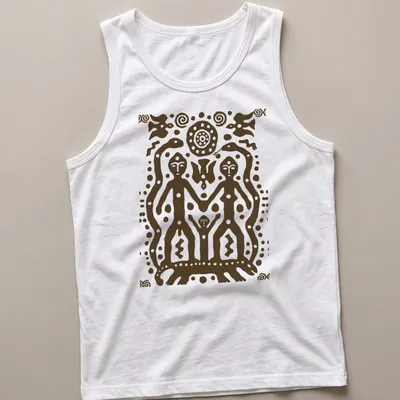 Tribal art T-shirt featuring petroglyph figures and bold text — printed on a tank top