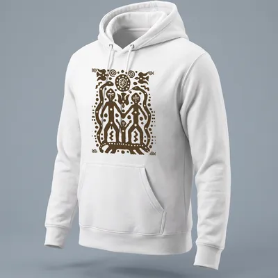 Tribal art T-shirt featuring petroglyph figures and bold text — printed on a unisex hoodie