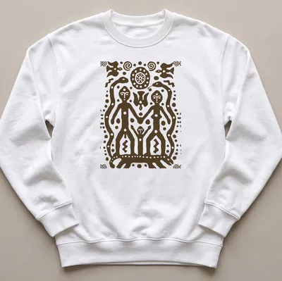 Tribal art T-shirt featuring petroglyph figures and bold text — printed on a unisex sweatshirt