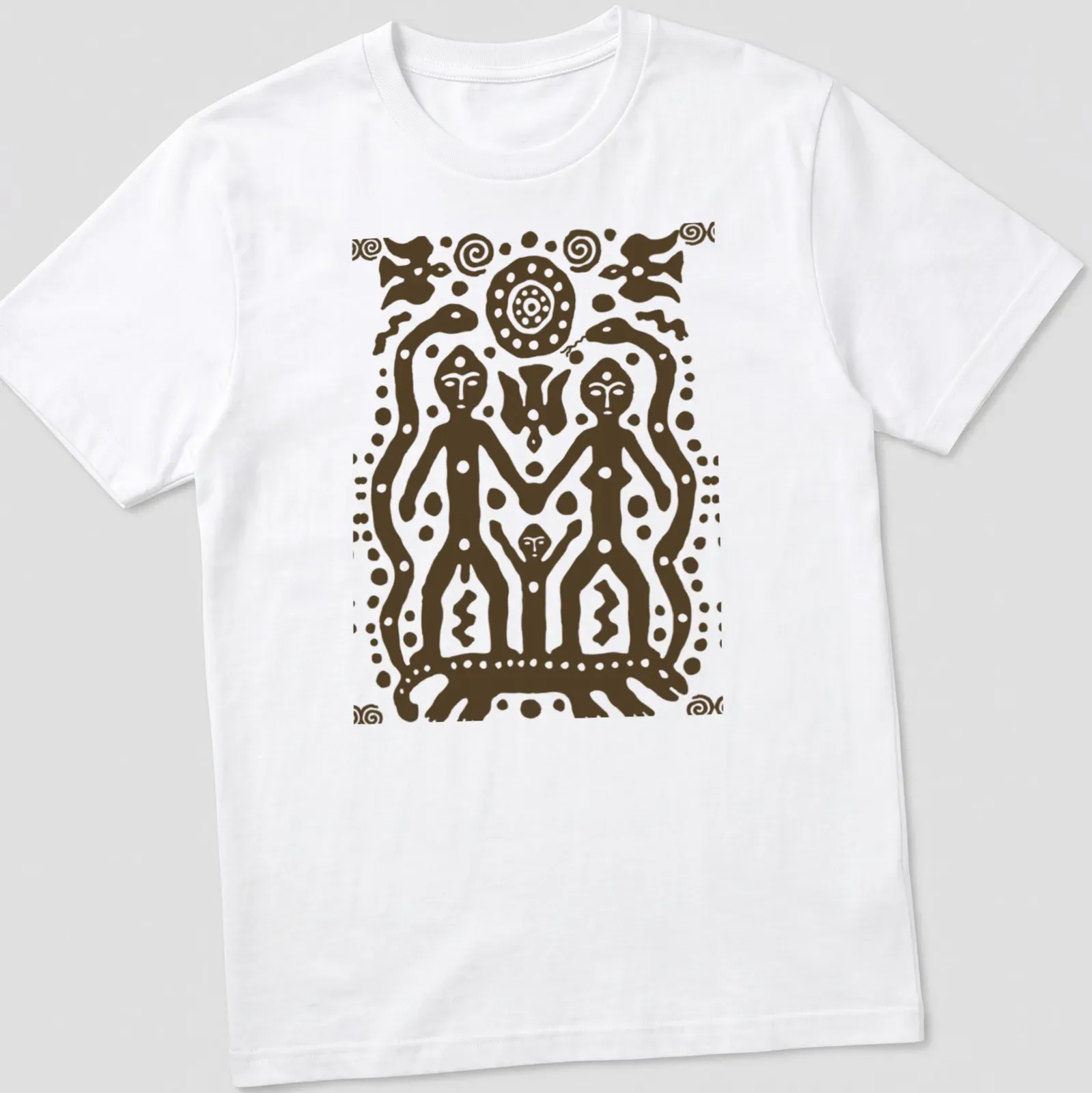 Tribal art T-shirt featuring petroglyph figures and bold text — printed on a unisex t-shirt