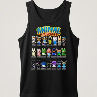 Cartoon animals in a hospital setting with the text 'ANIMAL HOSPITAL' — printed on a tank top