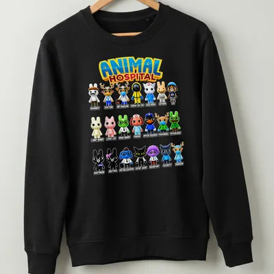 Cartoon animals in a hospital setting with the text 'ANIMAL HOSPITAL' — printed on a unisex sweatshirt