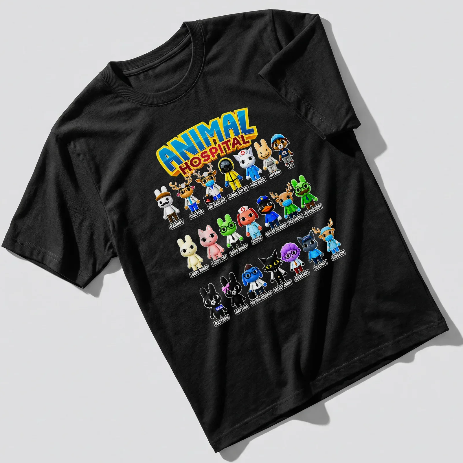 Cartoon animals in a hospital setting with the text 'ANIMAL HOSPITAL' — printed on a unisex t-shirt