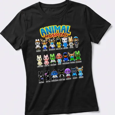 Cartoon animals in a hospital setting with the text 'ANIMAL HOSPITAL' — printed on a women's shirt