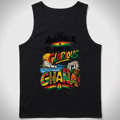 Vibrant Ghanaian landscape and symbols on a pride-themed shirt with colorful print. — printed on a tank top