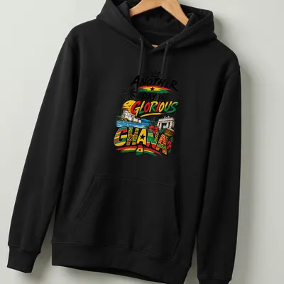 Vibrant Ghanaian landscape and symbols on a pride-themed shirt with colorful print. — printed on a unisex hoodie