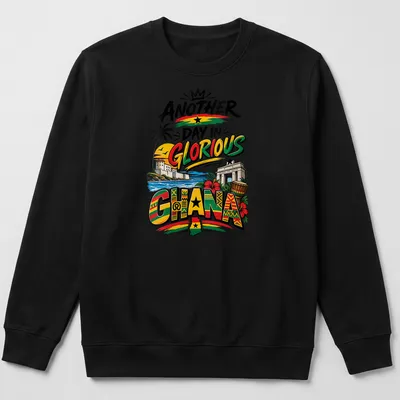 Vibrant Ghanaian landscape and symbols on a pride-themed shirt with colorful print. — printed on a unisex sweatshirt
