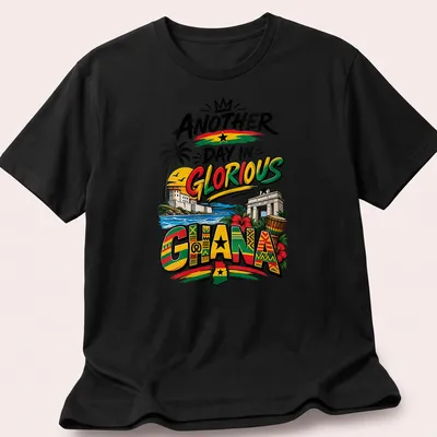 Vibrant Ghanaian landscape and symbols on a pride-themed shirt with colorful print.