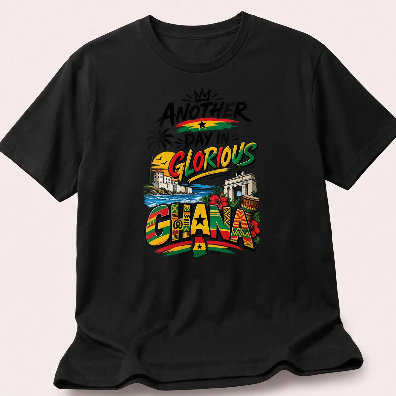Vibrant Ghanaian landscape and symbols on a pride-themed shirt with colorful print. — printed on a unisex t-shirt