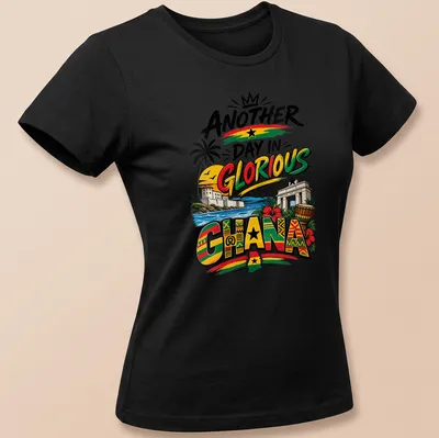 Vibrant Ghanaian landscape and symbols on a pride-themed shirt with colorful print. — printed on a women's shirt