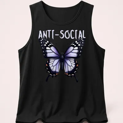 Realistic butterfly graphic with ANTI-SOCIAL text in black and colorful accents — printed on a tank top