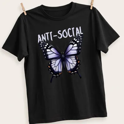 Realistic butterfly graphic with ANTI-SOCIAL text in black and colorful accents
