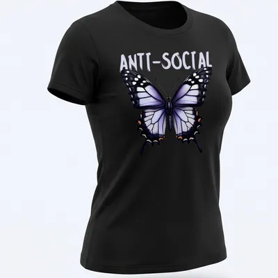 Realistic butterfly graphic with ANTI-SOCIAL text in black and colorful accents — printed on a women's shirt