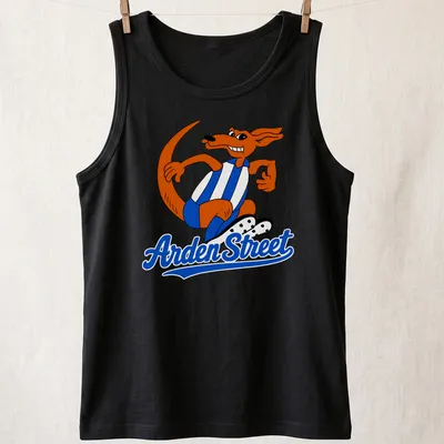 Cartoon kangaroo graphic with the text Arden Street in playful style — printed on a tank top