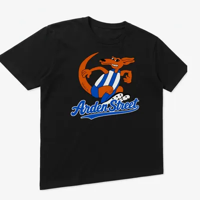 Cartoon kangaroo graphic with the text Arden Street in playful style — printed on a unisex t-shirt (angled view)
