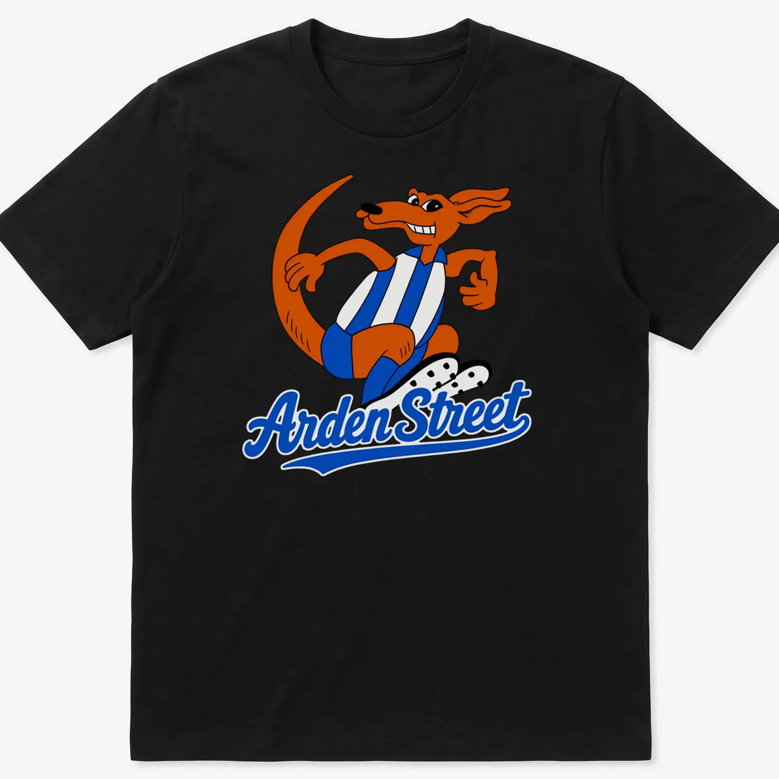 Cartoon kangaroo graphic with the text Arden Street in playful style — printed on a unisex t-shirt