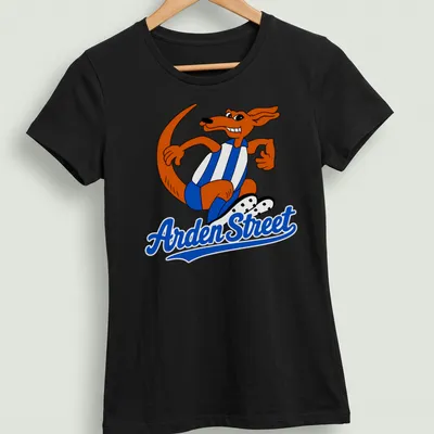 Cartoon kangaroo graphic with the text Arden Street in playful style — printed on a women's shirt