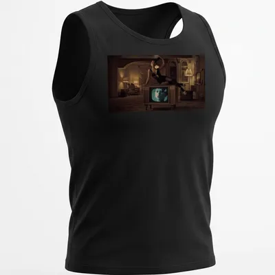 Retro graphic of a woman on a vintage television in beige and brown. — printed on a tank top