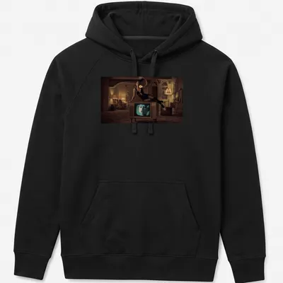 Retro graphic of a woman on a vintage television in beige and brown. — printed on a unisex hoodie