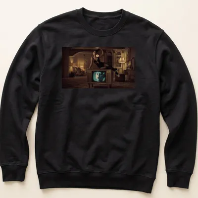 Retro graphic of a woman on a vintage television in beige and brown. — printed on a unisex sweatshirt