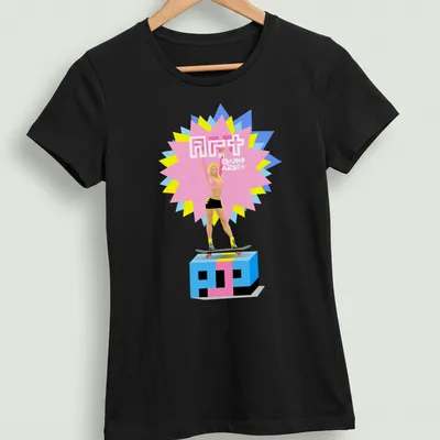 Pop art skater girl t-shirt with vibrant colors and bold design. — printed on a women's shirt