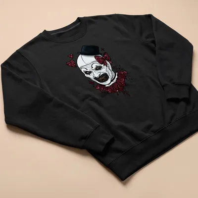 Art The Clown graphic with sparkly hearts in a cartoon style on a — printed on a unisex sweatshirt